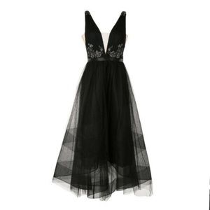 Marchesa Sleeveless V-Neck High-Low Beaded Dress, Black